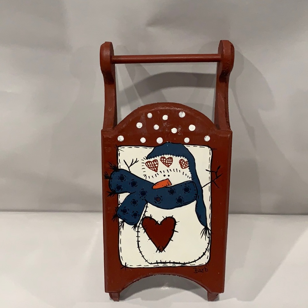 Wooden hand painted snowman sleigh